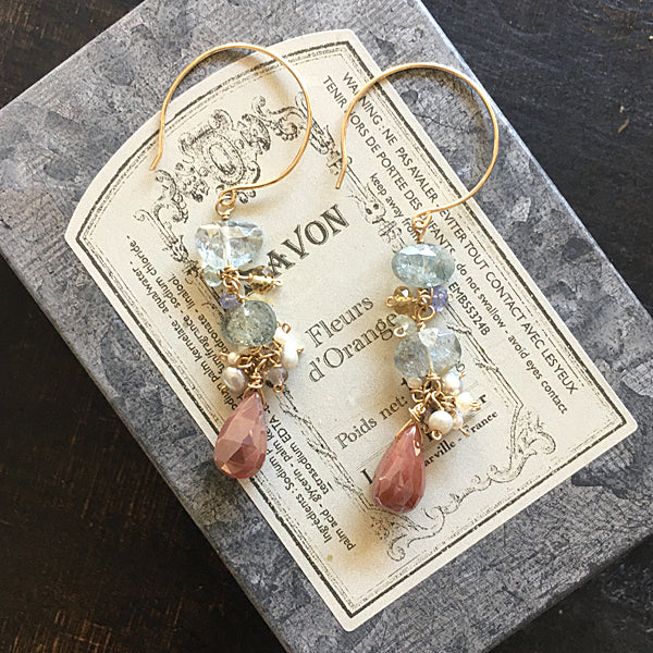 Moss Aquamarine with Chocolate Moonstone Dangle Earrings - 14KGF