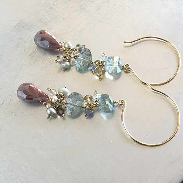 Moss Aquamarine with Chocolate Moonstone Dangle Earrings - 14KGF