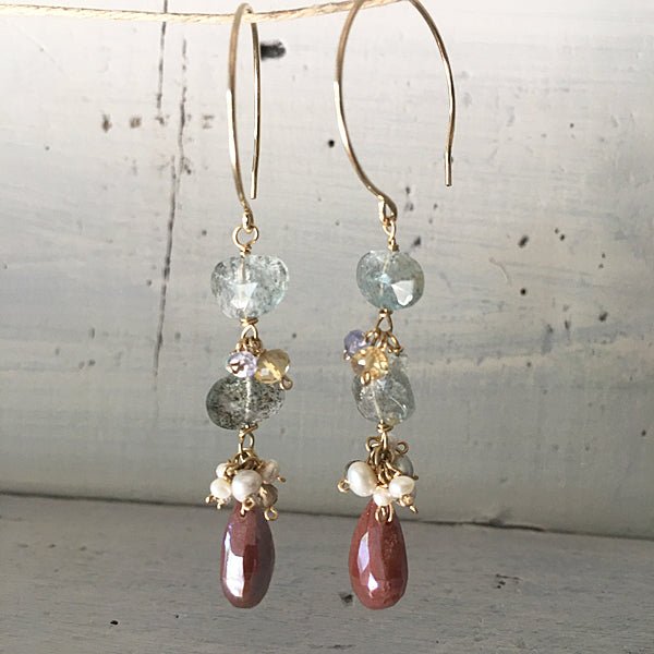 Moss Aquamarine with Chocolate Moonstone Dangle Earrings - 14KGF