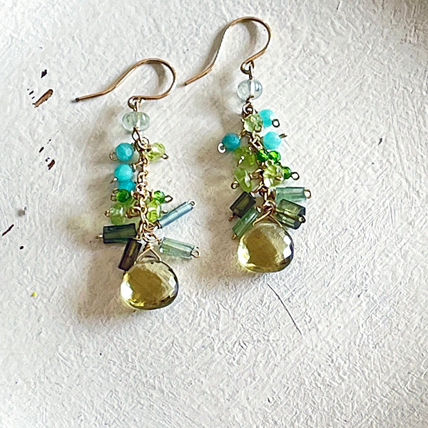 Olive Quartz and Green Tourmarine Dangle Earrings  - 14KGF