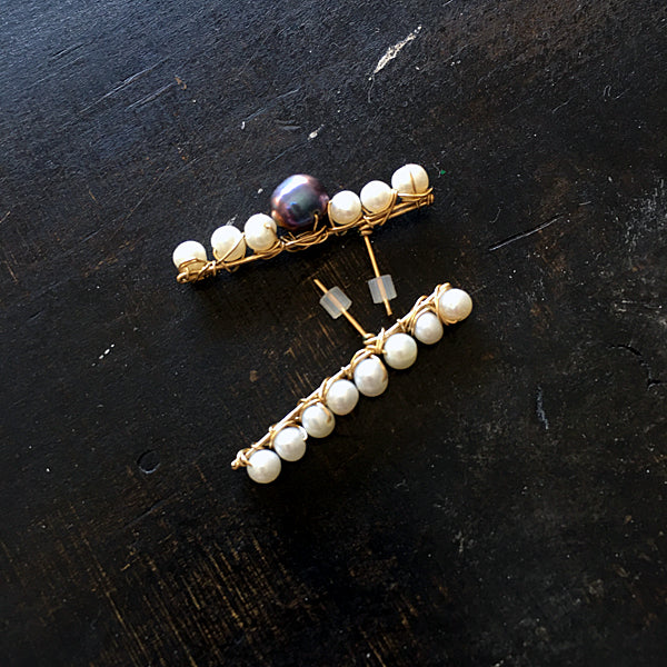 Wire Wrapped Pearl Bar Earrings  -  14KGF