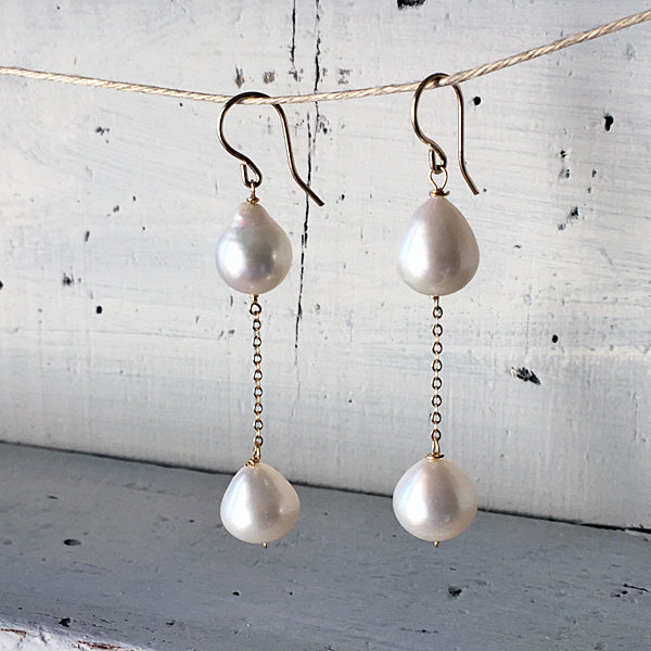 Double Teardrop Pearl Chain Earrings  -  14KGF