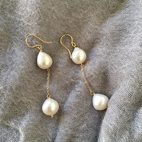 Double Teardrop Pearl Chain Earrings  -  14KGF