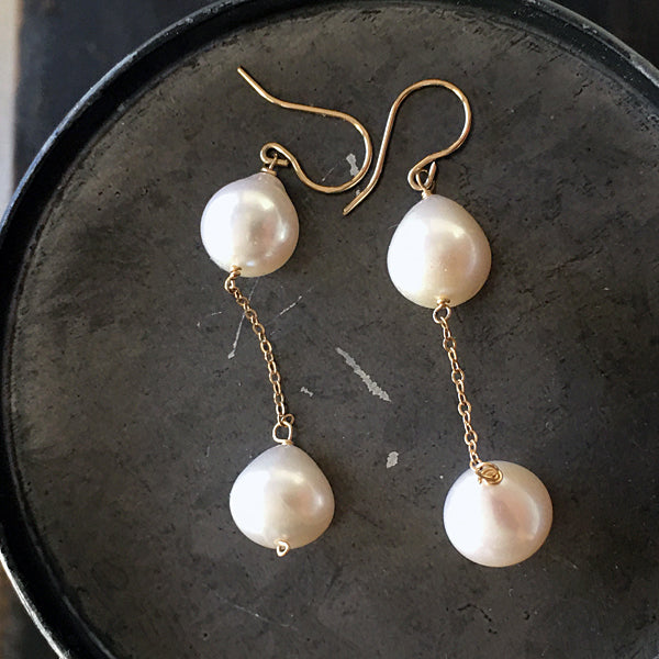 Double Teardrop Pearl Chain Earrings  -  14KGF