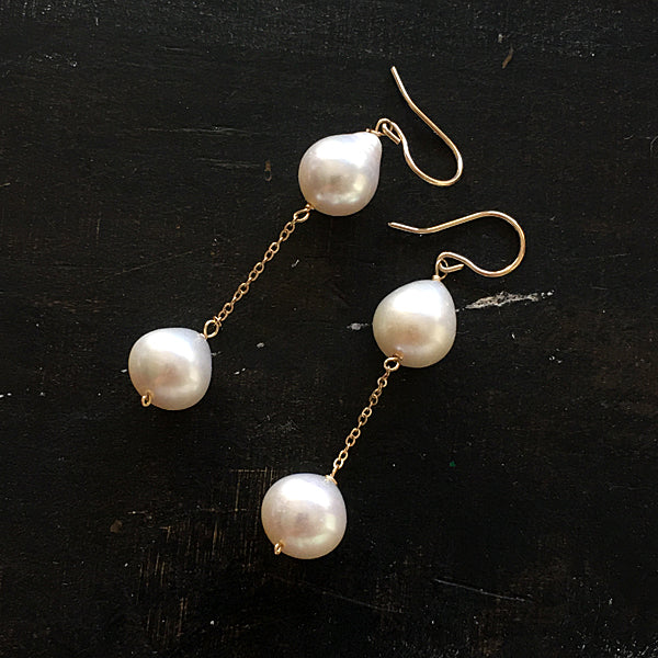 Double Teardrop Pearl Chain Earrings  -  14KGF