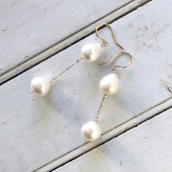 Double Teardrop Pearl Chain Earrings  -  14KGF