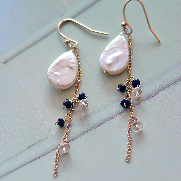 Teardrop Pearl with Black Spinel Chain Earrings  -  14KGF