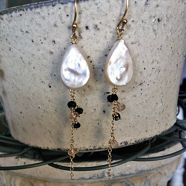 Teardrop Pearl with Black Spinel Chain Earrings  -  14KGF