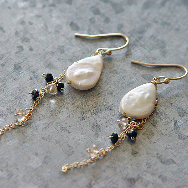 Teardrop Pearl with Black Spinel Chain Earrings  -  14KGF