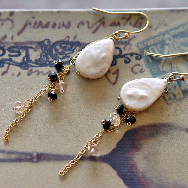 Teardrop Pearl with Black Spinel Chain Earrings  -  14KGF