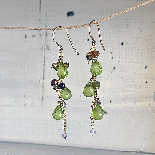 Peridot and Brown Gemstones Cascade Earrings  - 14KGF