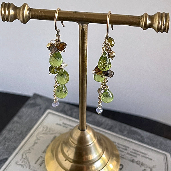 Peridot and Brown Gemstones Cascade Earrings  - 14KGF