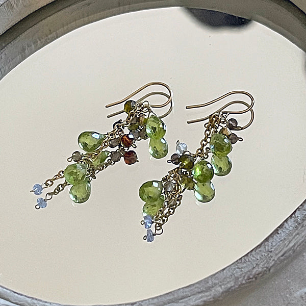 Peridot and Brown Gemstones Cascade Earrings  - 14KGF