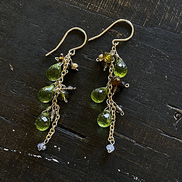 Peridot and Brown Gemstones Cascade Earrings  - 14KGF