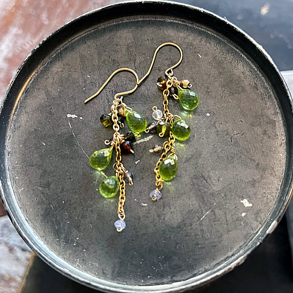 Peridot and Brown Gemstones Cascade Earrings  - 14KGF