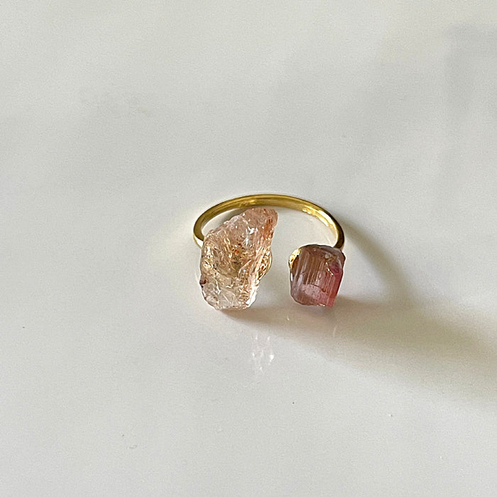 Double Stone Open Ring with Pink Tourmaline and Sunstone