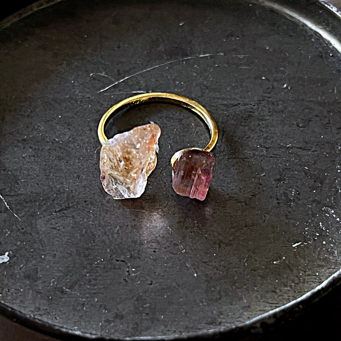 Double Stone Open Ring with Pink Tourmaline and Sunstone