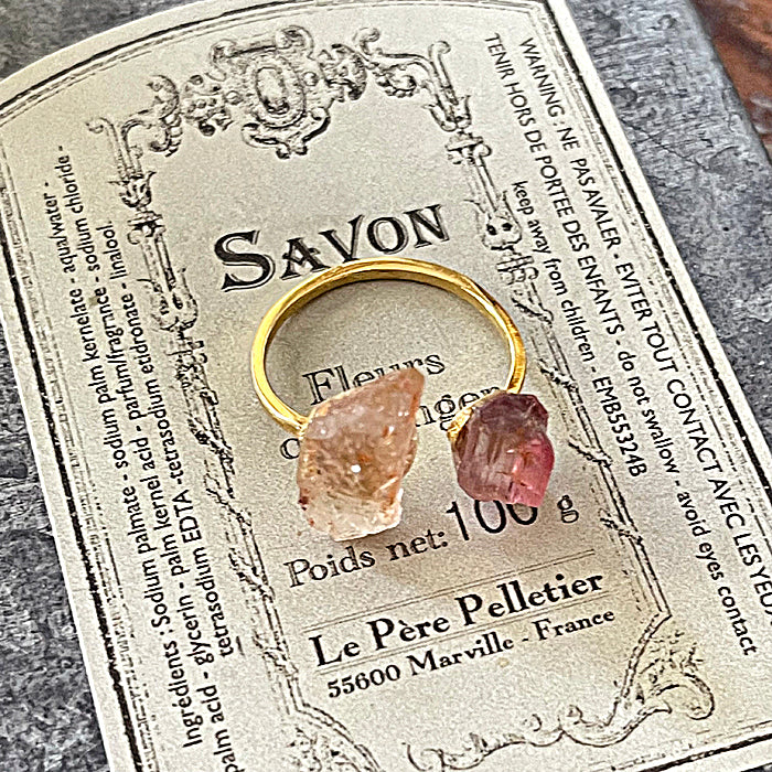 Double Stone Open Ring with Pink Tourmaline and Sunstone