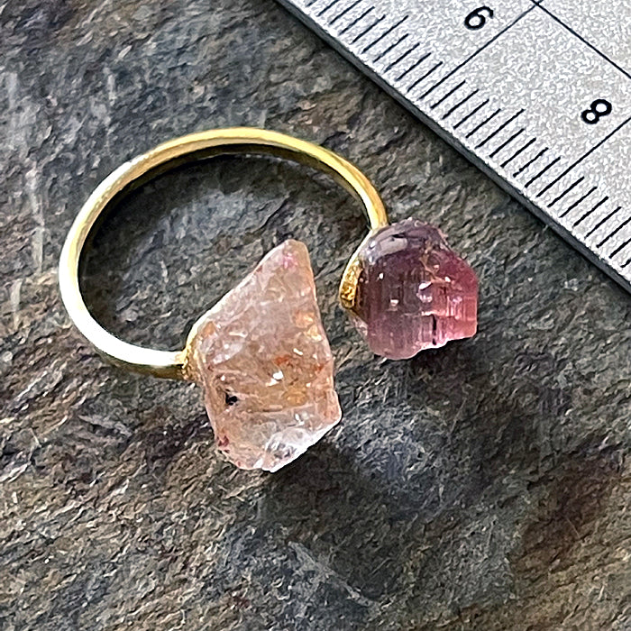 Double Stone Open Ring with Pink Tourmaline and Sunstone