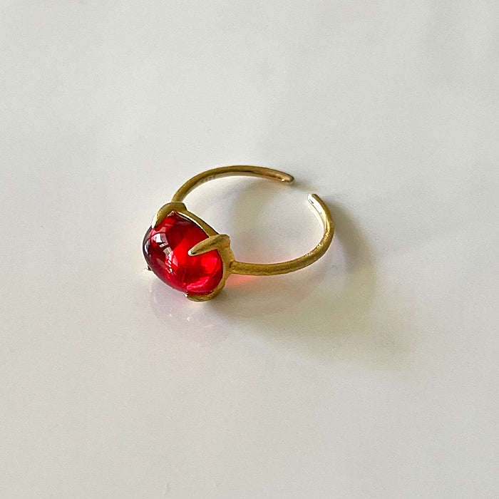 Red Amber Oval Cabochon Ring  - Adjustable -  K18 GP over Silver 925