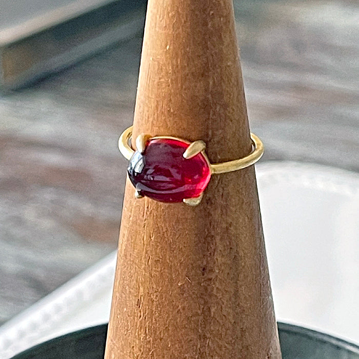 Red Amber Oval Cabochon Ring  - Adjustable -  K18 GP over Silver 925