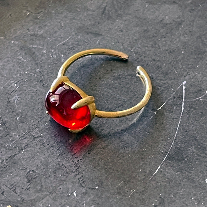 Red Amber Oval Cabochon Ring  - Adjustable -  K18 GP over Silver 925