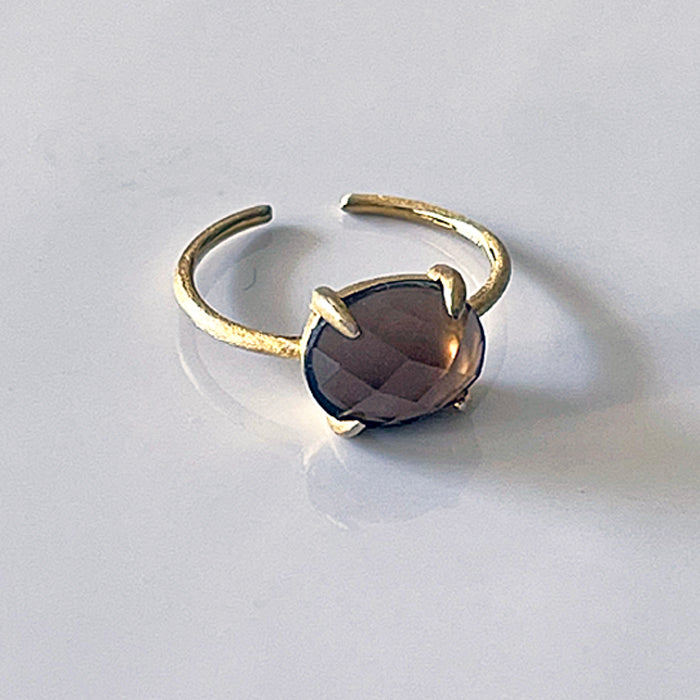 Smoky Quartz over White Shell Oval Cabochon Ring  - Adjustable -  K18 GP over Silver 925