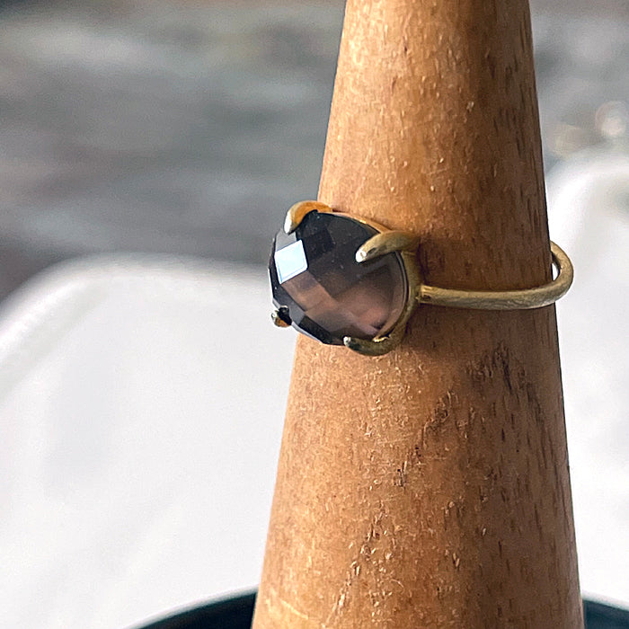 Smoky Quartz over White Shell Oval Cabochon Ring  - Adjustable -  K18 GP over Silver 925