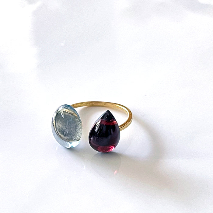 Double Stone Open Ring with Garnet and Blue Fluorite