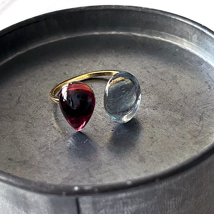 Double Stone Open Ring with Garnet and Blue Fluorite