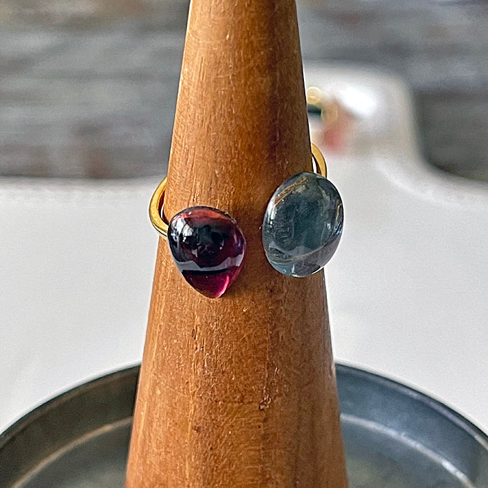 Double Stone Open Ring with Garnet and Blue Fluorite