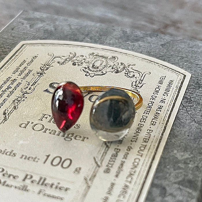 Double Stone Open Ring with Garnet and Blue Fluorite