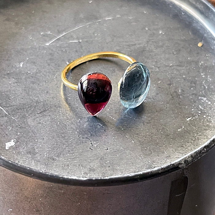 Double Stone Open Ring with Garnet and Blue Fluorite