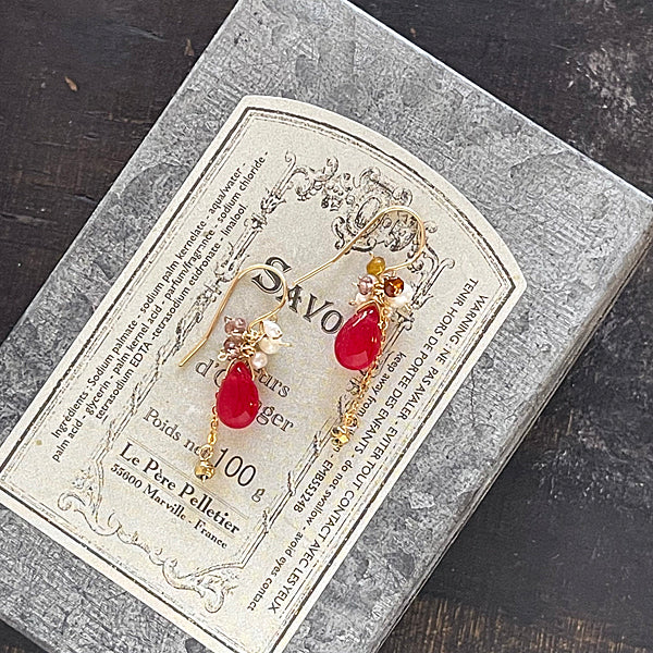 Red Jade with Sepia and Pearl Petit Earrings   - 14KGF