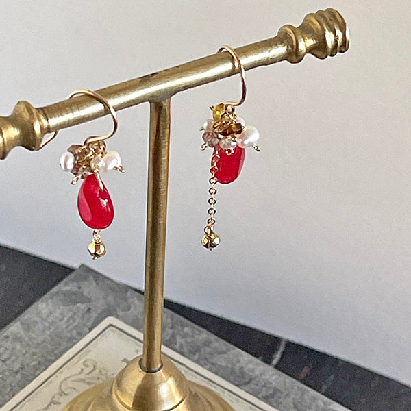 Red Jade with Sepia and Pearl Petit Earrings   - 14KGF