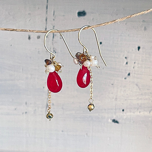 Red Jade with Sepia and Pearl Petit Earrings   - 14KGF