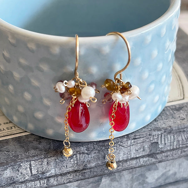 Red Jade with Sepia and Pearl Petit Earrings   - 14KGF