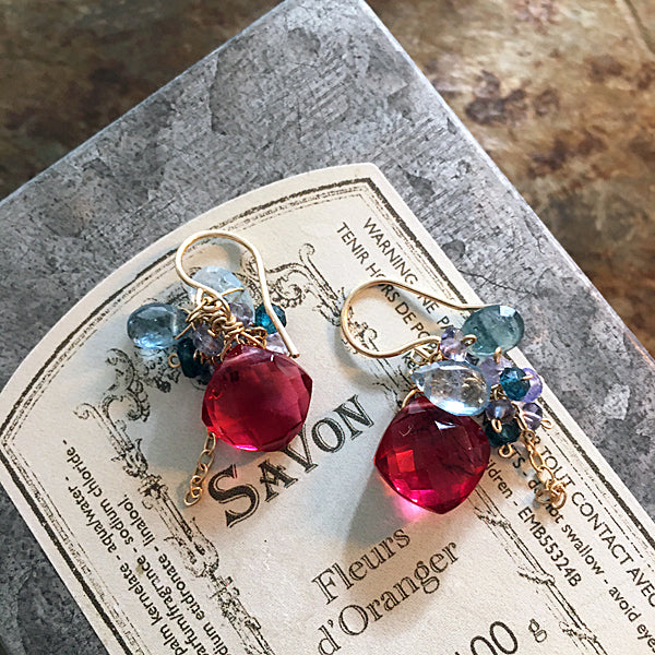 Red Quartz Rhombus  with Moss Aquamarine Earrings- 14KGF