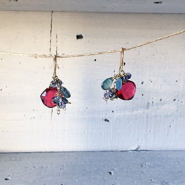 Red Quartz Rhombus  with Moss Aquamarine Earrings- 14KGF