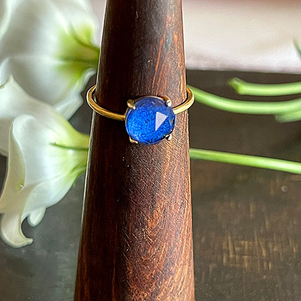 Lapis Lazuli x Crystal Rose Cut Cabochon Ring  - Adjustable -  GP-K18 over Silver 925