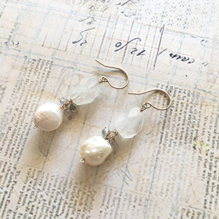 Baroque Pearl and Rainbow Moonstone Earrings  14KGF