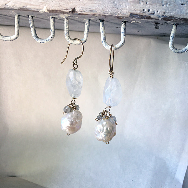 Baroque Pearl and Rainbow Moonstone Earrings  14KGF