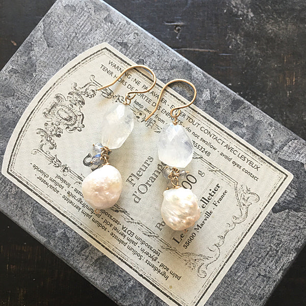 Baroque Pearl and Rainbow Moonstone Earrings  14KGF