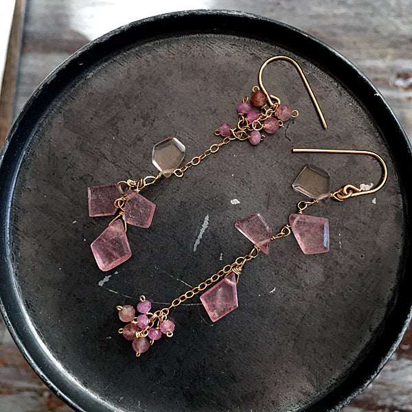 Pink Epidote Slice and Pink Sapphire Earrings  - 14KGF