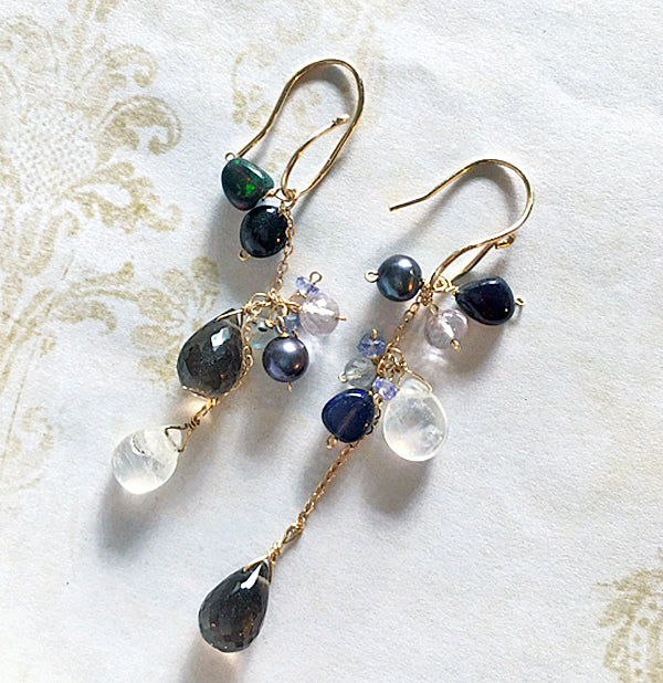 Smoky Quartz, Rainbow Moonstone and Black Opal Asymmetric Earrings  - 14KGF