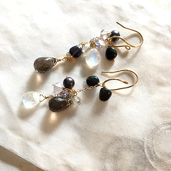 Smoky Quartz, Rainbow Moonstone and Black Opal Asymmetric Earrings  - 14KGF