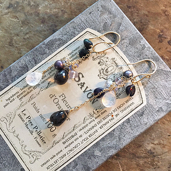 Smoky Quartz, Rainbow Moonstone and Black Opal Asymmetric Earrings  - 14KGF