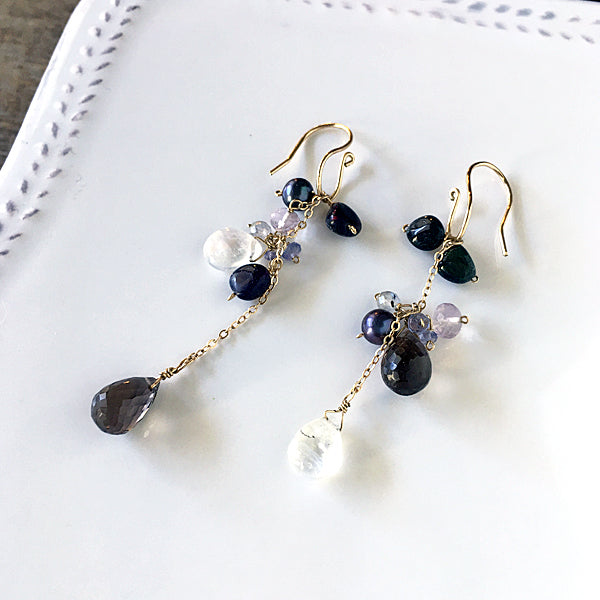 Smoky Quartz, Rainbow Moonstone and Black Opal Asymmetric Earrings  - 14KGF