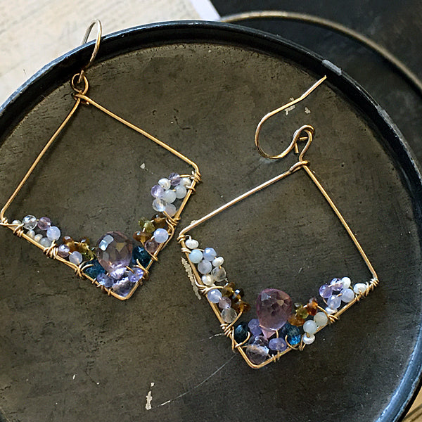 Square Hoop Earrings with purple gemstones - 14KGF