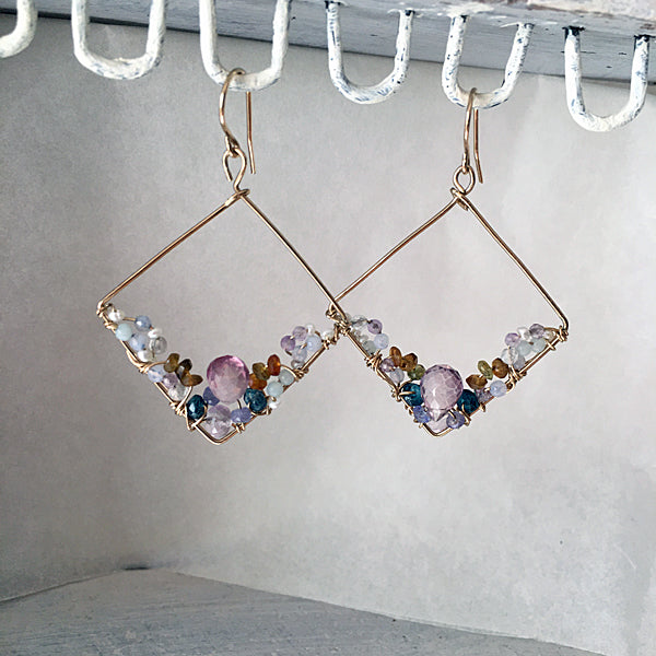 Square Hoop Earrings with purple gemstones - 14KGF